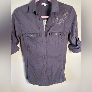 James Perse Womens ‎ embroidered/jeweled Button Up Cotton Rib Knit eggplant sz 2